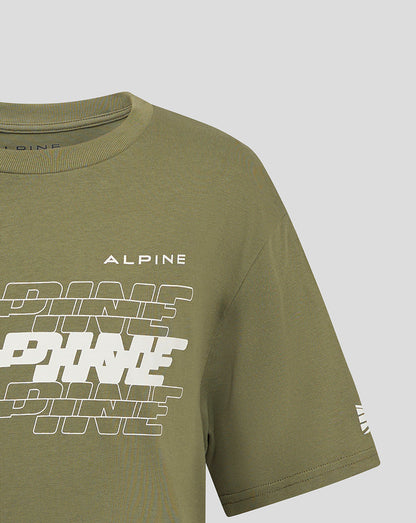 Close up of olive green Alpine T shirt chest showing ALPINE branding and a white geometric racing pattern
