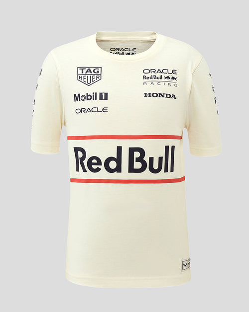Cream off white Junior Heritage Team T Shirt with multiple sponsor logos and a large Red Bull graphic across the chest