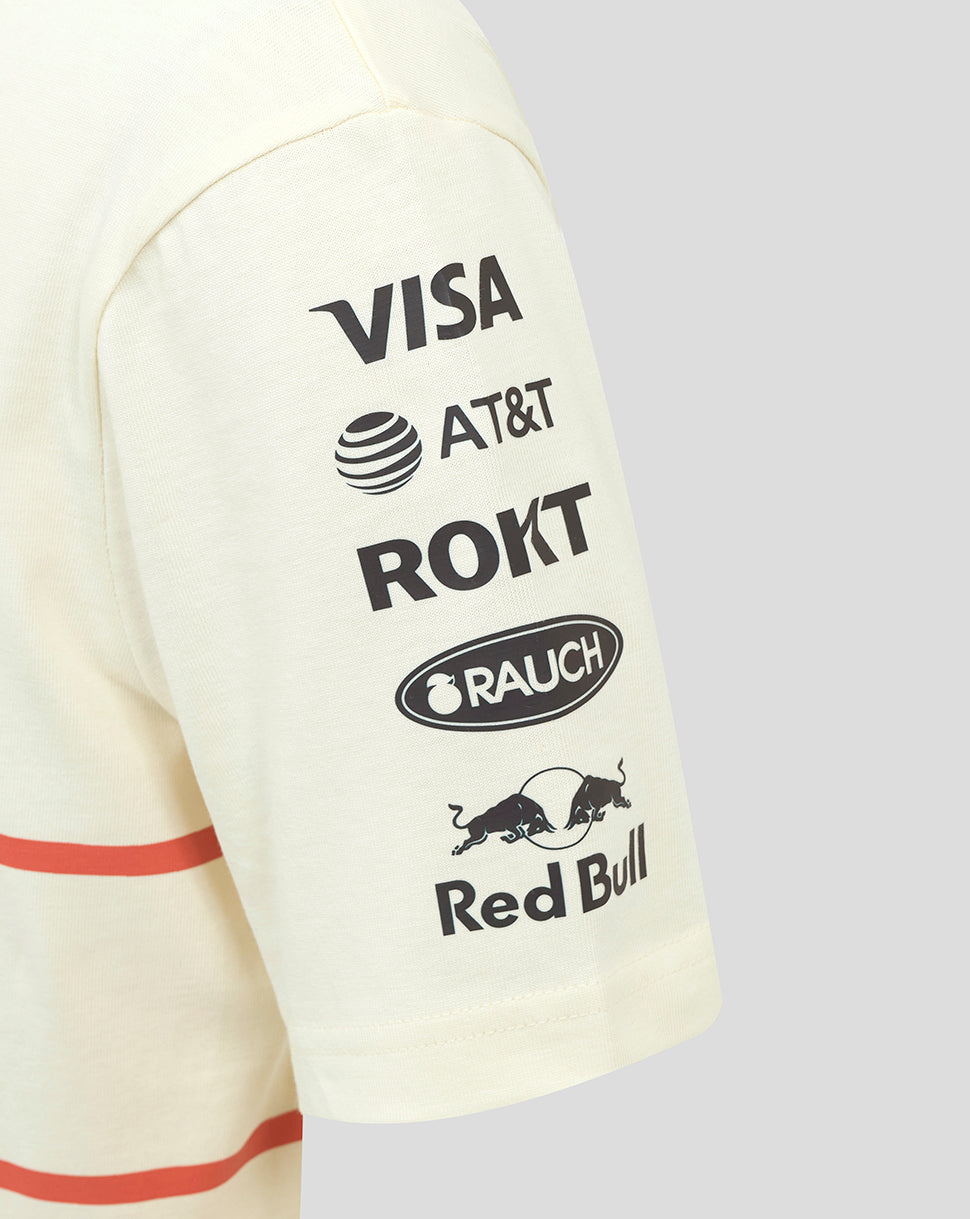Beige short sleeve T shirt from Oracle Red Bull Racing Heritage with sponsor logos printed on the sleeve