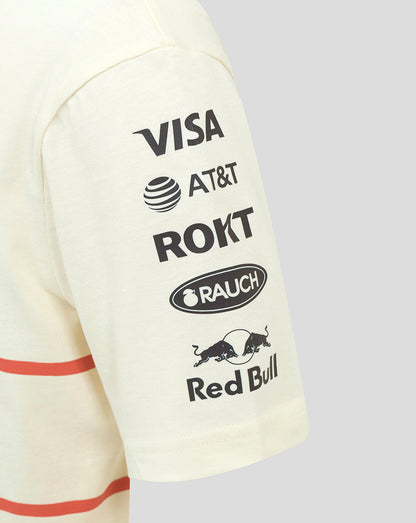 Beige short sleeve T shirt from Oracle Red Bull Racing Heritage with sponsor logos printed on the sleeve