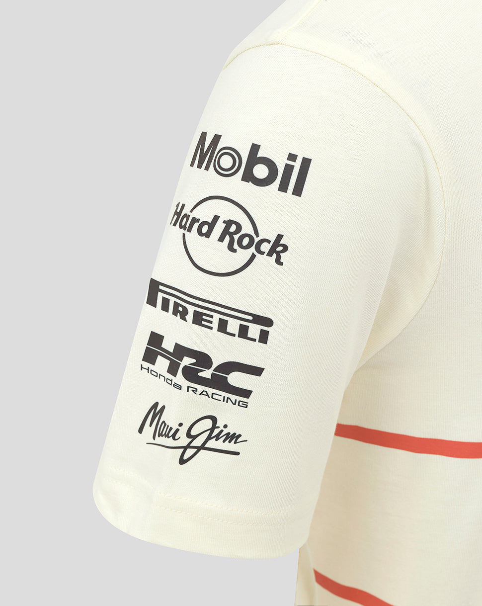 Beige T shirt sleeve with multiple sponsor logos including Mobil Hard Rock Pirelli Honda Racing and Maui Jim