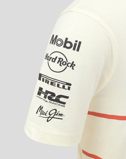 Beige T shirt sleeve with multiple sponsor logos including Mobil Hard Rock Pirelli Honda Racing and Maui Jim