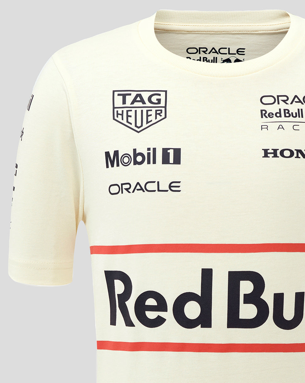 Egret colored junior heritage T shirt with multiple sponsor logos and a bold Red Bull branding across the chest