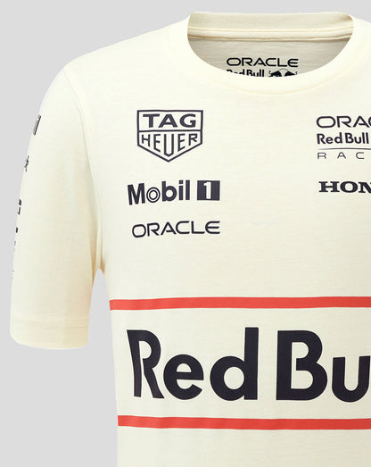 Egret colored junior heritage T shirt with multiple sponsor logos and a bold Red Bull branding across the chest
