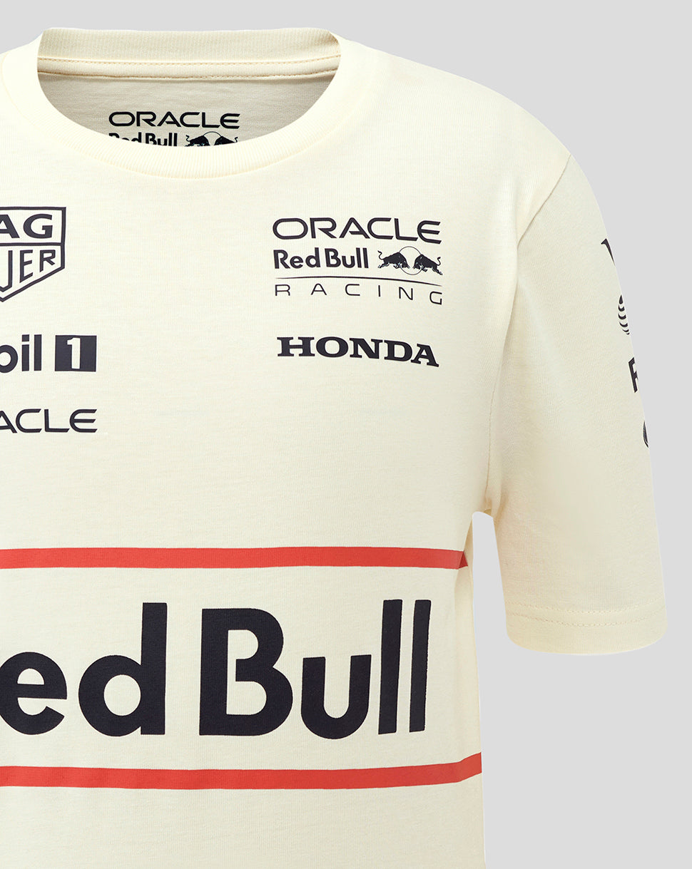 Front view of beige Oracle Red Bull Racing Heritage T shirt with large Red Bull branding and sponsor badges across the chest