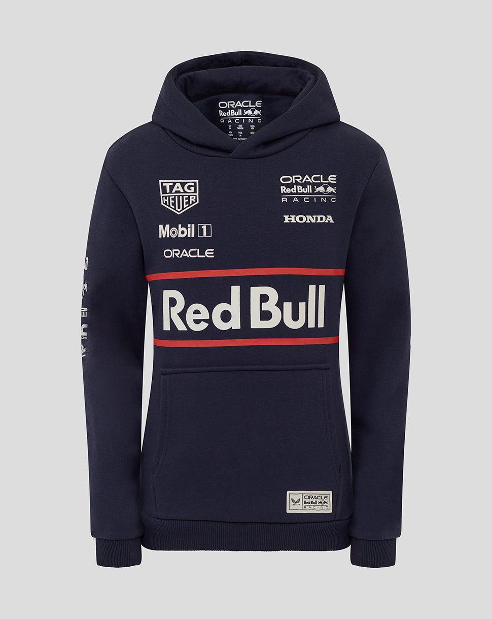 Night sky navy hoodie with large Red Bull branding across the chest plus sponsor logos and front kangaroo pocket
