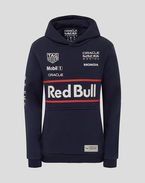 Night sky navy hoodie with large Red Bull branding across the chest plus sponsor logos and front kangaroo pocket
