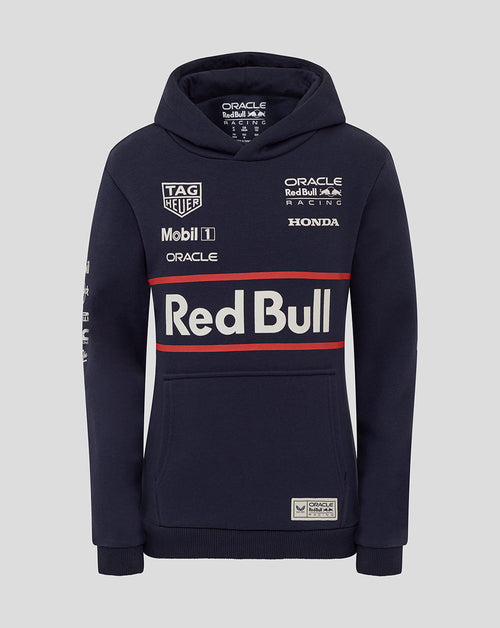 Night sky navy hoodie with large Red Bull branding across the chest plus sponsor logos and front kangaroo pocket