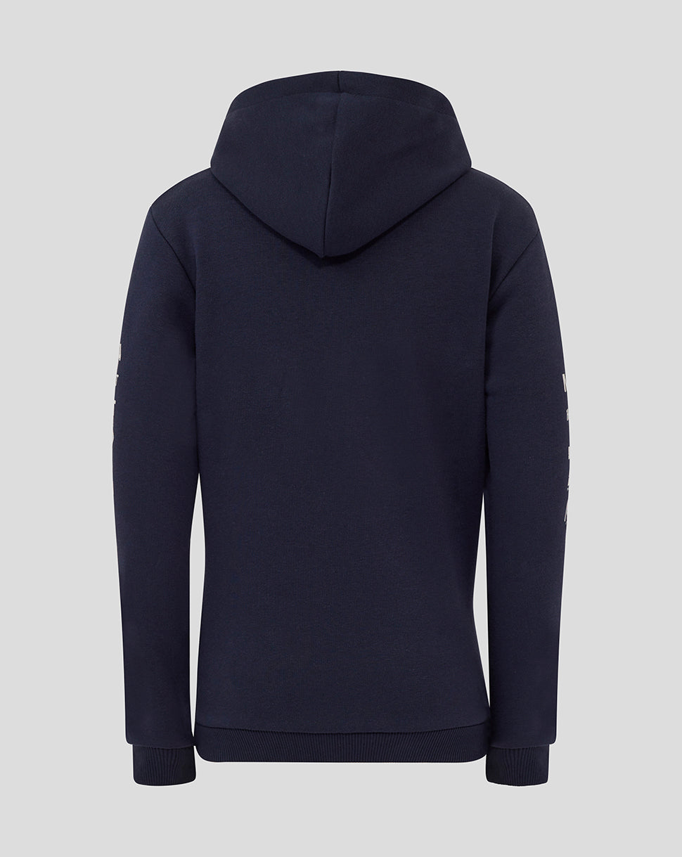 Back view of Night Sky navy Oracle Red Bull Racing Junior Heritage Hoodie with hood up.