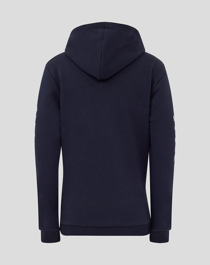 Back view of Night Sky navy Oracle Red Bull Racing Junior Heritage Hoodie with hood up.