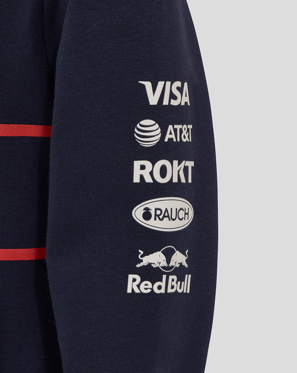 Navy hoodie sleeve showing sponsor logos Visa AT&T ROKT RAUCH Red Bull.