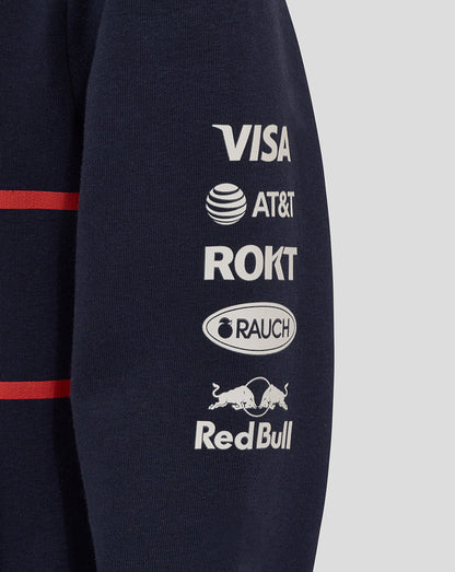 Navy hoodie sleeve showing sponsor logos Visa AT&T ROKT RAUCH Red Bull.