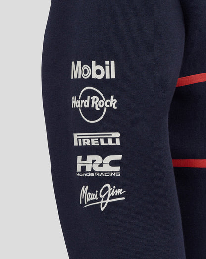 Navy hoodie sleeve featuring Mobil Hard Rock Pirelli Honda Racing and Maui Jim logos with a red stripe.