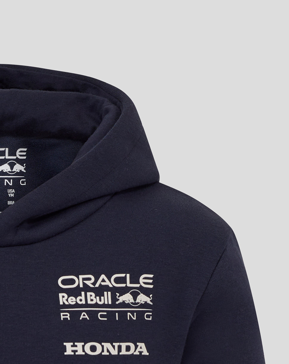 Navy Oracle Red Bull Racing hoodie close up with hood visible and chest logo