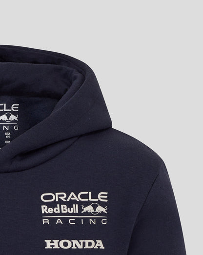 Navy Oracle Red Bull Racing hoodie close up with hood visible and chest logo