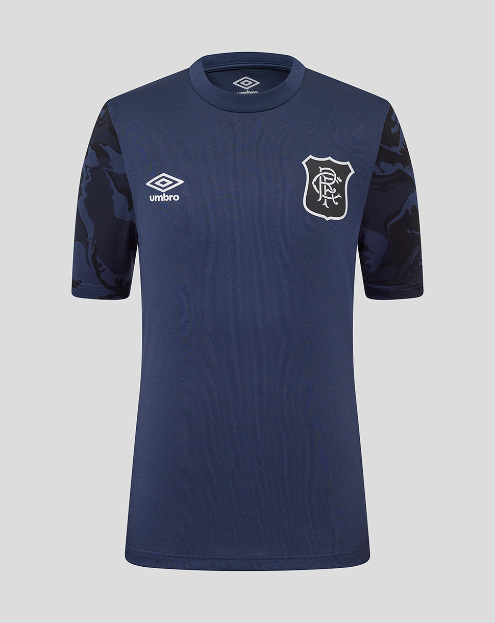 Front view of Rangers Junior Third Matchday short sleeve tee in navy with club crest and Umbro logo and camo sleeve panels.