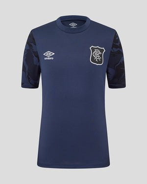 Front view of Rangers Junior Third Matchday short sleeve tee in navy with club crest and Umbro logo and camo sleeve panels.