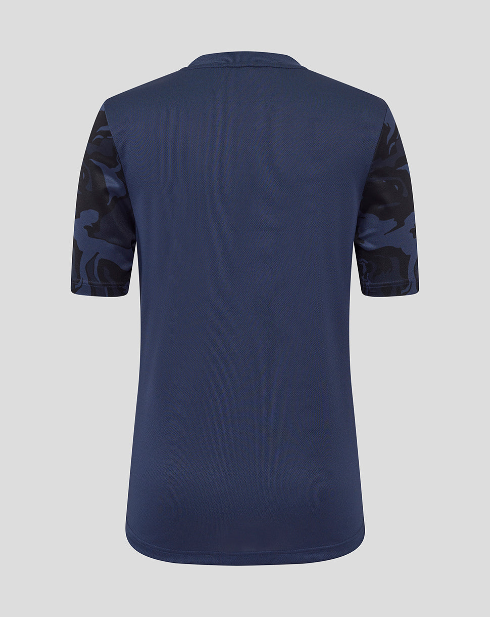 Back view of Rangers Junior Third Matchday tee showing plain navy back with camo sleeves.