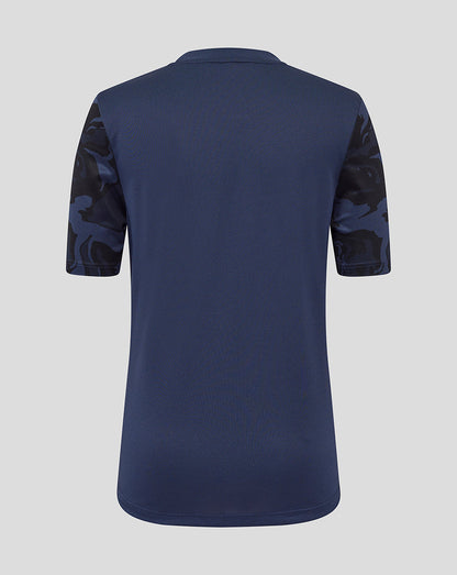 Back view of Rangers Junior Third Matchday tee showing plain navy back with camo sleeves.