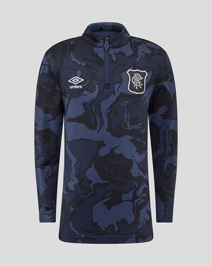 Front view of junior Rangers 25/26 Third Matchday quarter zip in navy camouflage with club crest