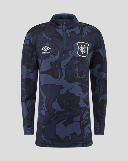 Front view of junior Rangers 25/26 Third Matchday quarter zip in navy camouflage with club crest