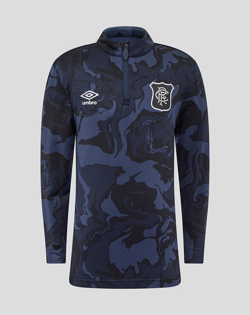 Front view of junior Rangers 25/26 Third Matchday quarter zip in navy camouflage with club crest