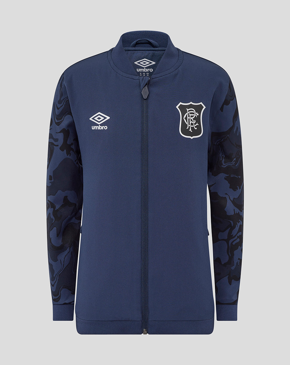 Front view of navy Rangers Junior Third Matchday jacket with full front zip collar and camo sleeves displaying crest and Umbro logo
