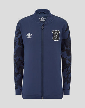 Front view of navy Rangers Junior Third Matchday jacket with full front zip collar and camo sleeves displaying crest and Umbro logo