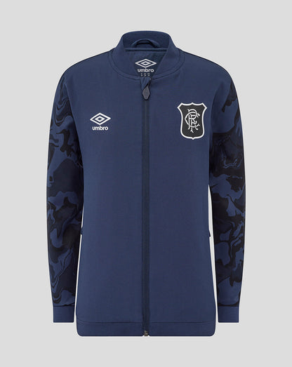 Front view of navy Rangers Junior Third Matchday jacket with full front zip collar and camo sleeves displaying crest and Umbro logo