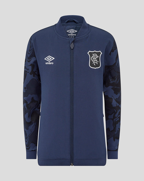 Front view of navy Rangers Junior Third Matchday jacket with full front zip collar and camo sleeves displaying crest and Umbro logo