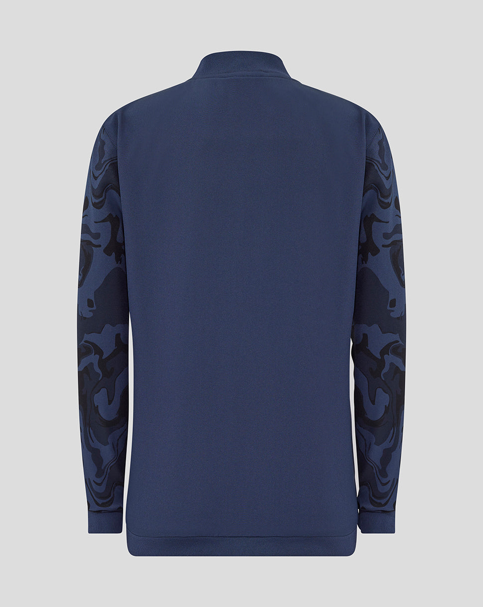 Back view of navy Rangers jacket with camouflage sleeves.