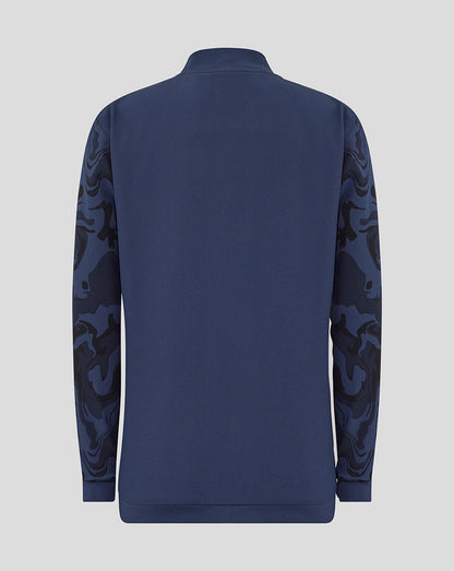 Back view of navy Rangers jacket with camouflage sleeves.
