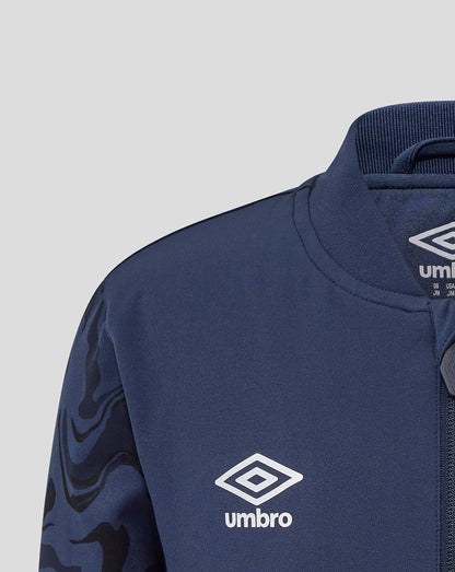 Umbro logo on the left chest of a navy Rangers jacket with camo sleeves.