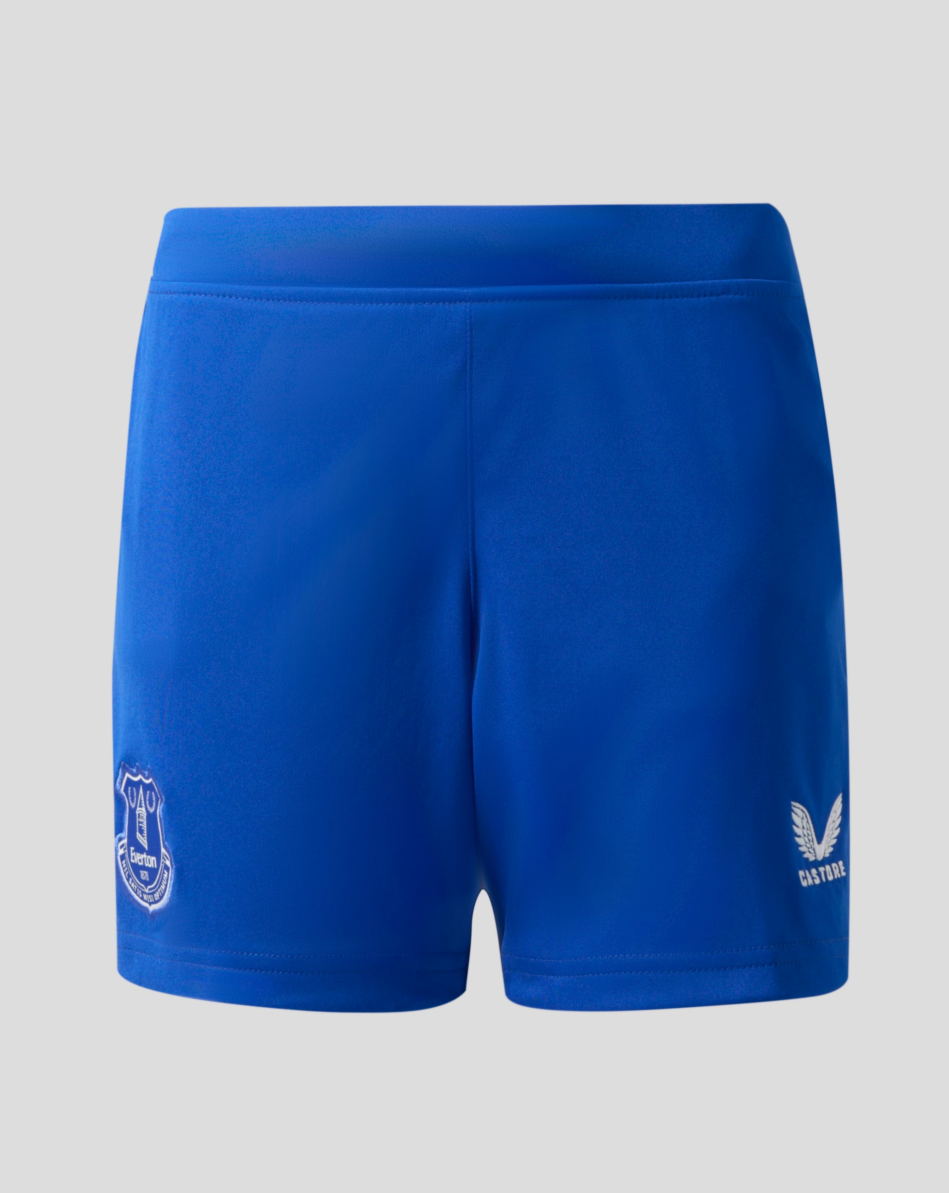 Blue Everton FC junior home shorts with club crest on the left leg and Castore logo on the right leg.