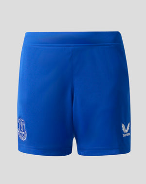Blue Everton FC junior home shorts with club crest on the left leg and Castore logo on the right leg.