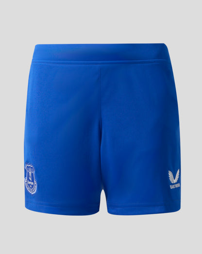 Blue Everton FC junior home shorts with club crest on the left leg and Castore logo on the right leg.
