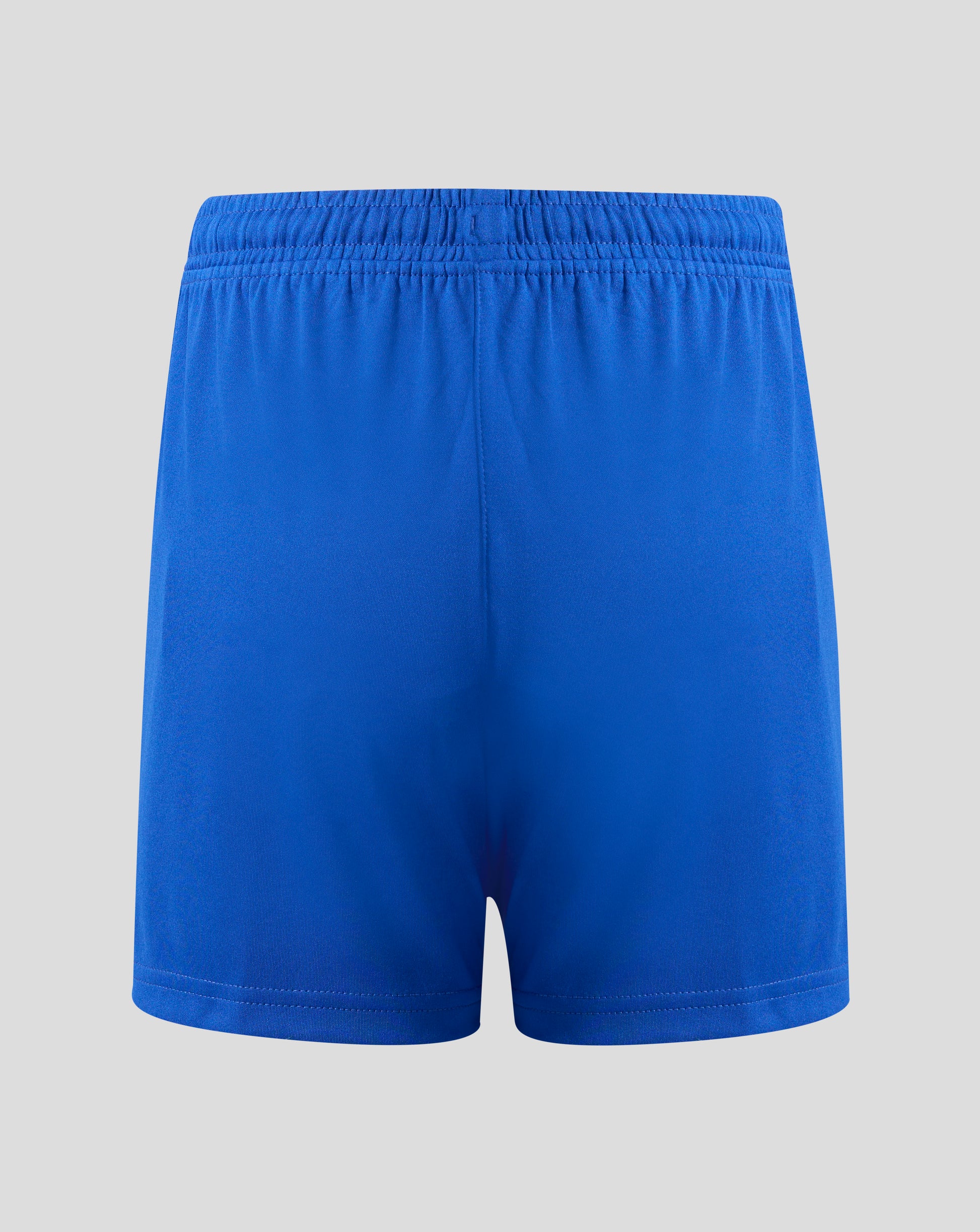 Back view of bright blue Everton FC junior home shorts with an elastic waistband.