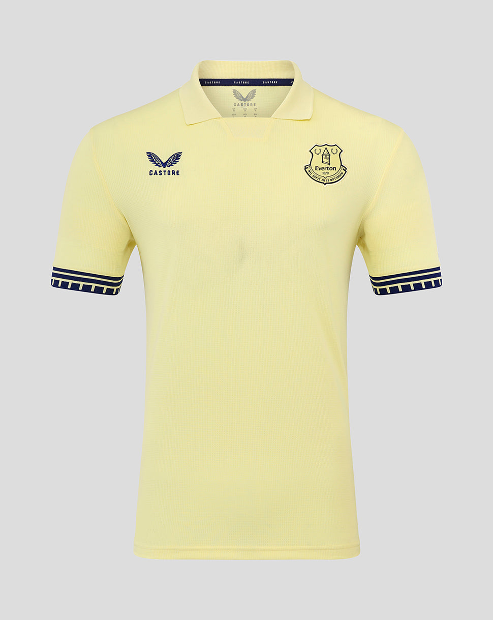 Everton FC junior away polo shirt pale yellow with club crest on left chest and Castore logo on right, navy cuff trim