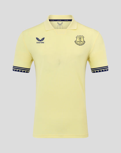 Everton FC junior away polo shirt pale yellow with club crest on left chest and Castore logo on right, navy cuff trim