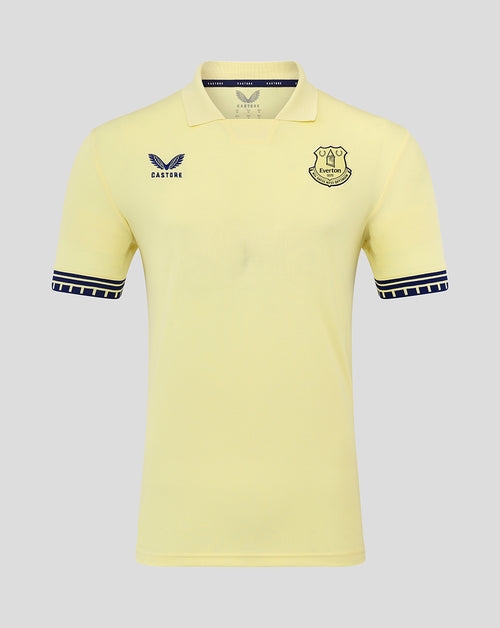 Everton FC junior away polo shirt pale yellow with club crest on left chest and Castore logo on right, navy cuff trim