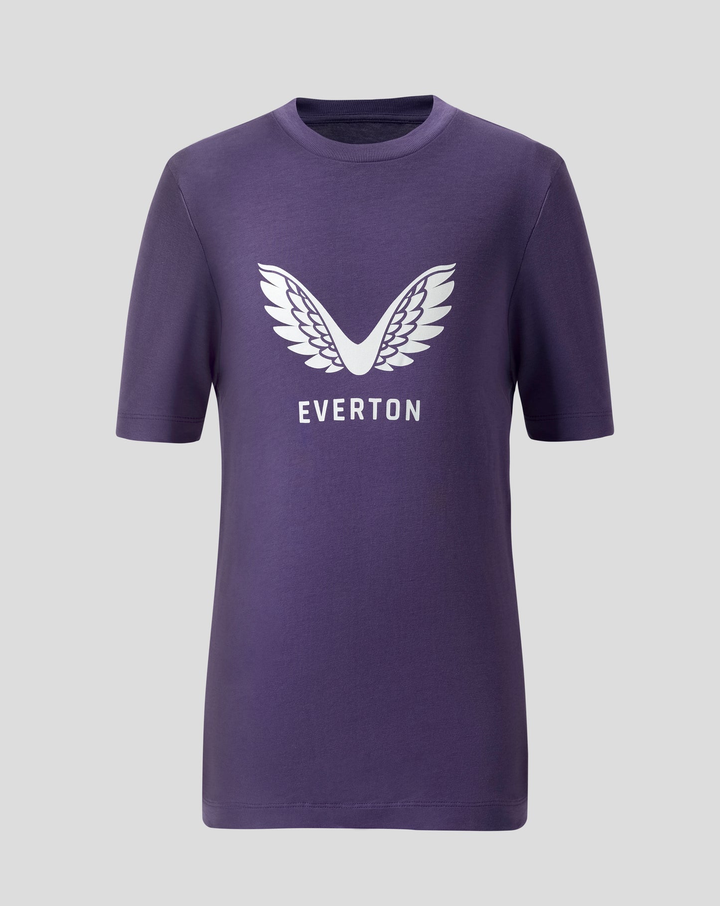 Front view of a Loganberry Everton FC junior T shirt with white wing logo and EVERTON text