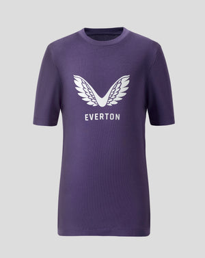 Front view of a Loganberry Everton FC junior T shirt with white wing logo and EVERTON text