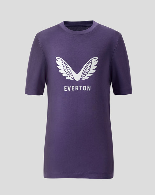 Front view of a Loganberry Everton FC junior T shirt with white wing logo and EVERTON text