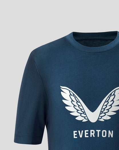 Front close up of Moonlit Ocean blue Everton junior T shirt featuring large white wing emblem and Everton text