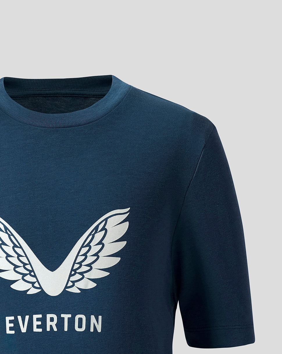 Front close up of Moonlit Ocean blue Everton junior T shirt with white wing logo