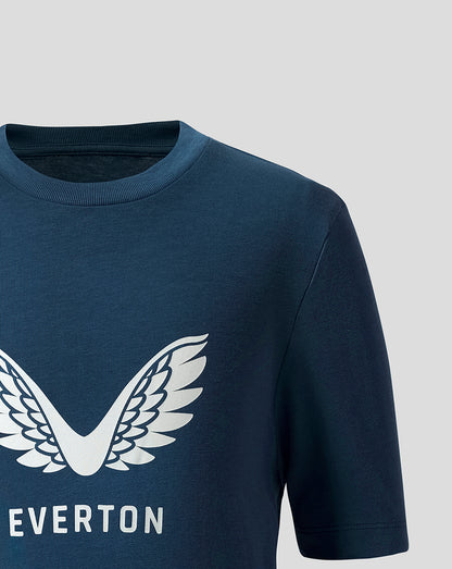 Front close up of Moonlit Ocean blue Everton junior T shirt with white wing logo