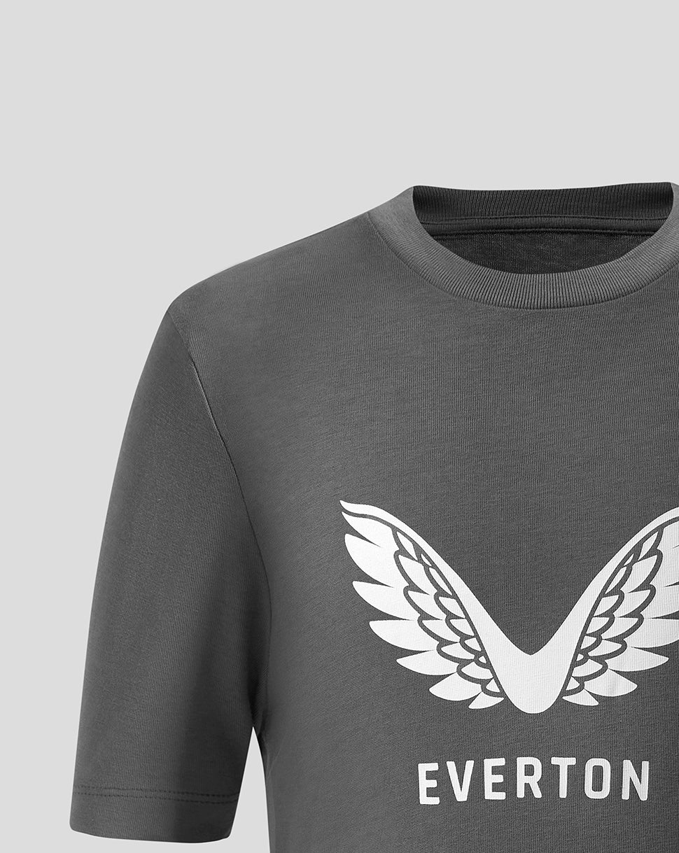Close-up of the neckline and chest showing a white wing emblem on a dark grey Everton Junior T Shirt