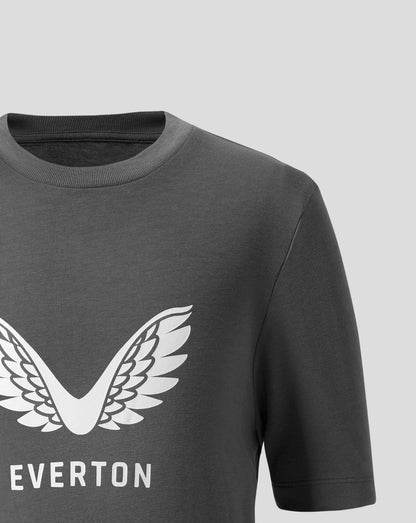 Front close-up of a dark grey Everton Junior 25/26 T Shirt with a white wing crest and partial lettering