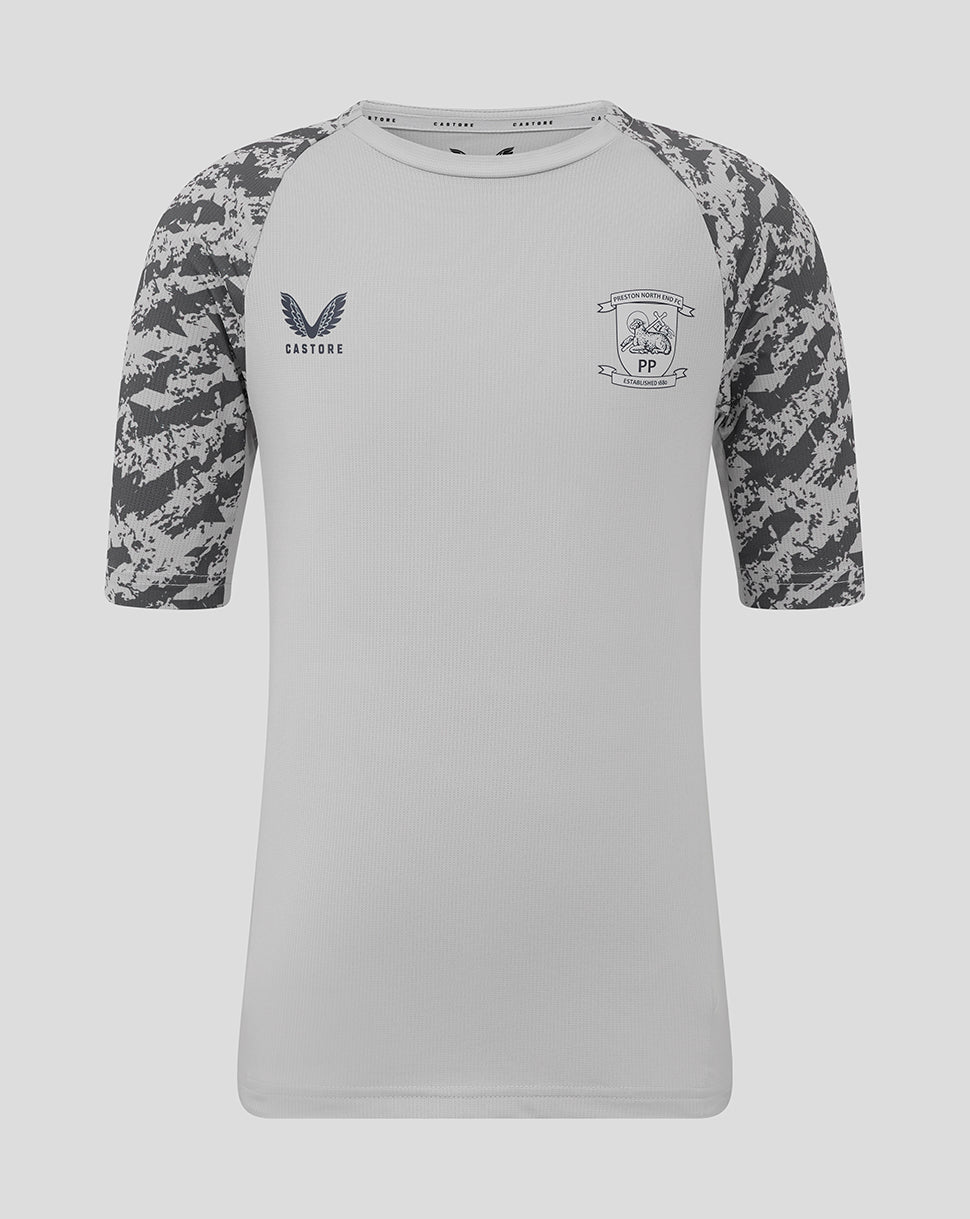 Front view of Preston North End junior training T shirt in light grey with camo sleeves and club crest on chest