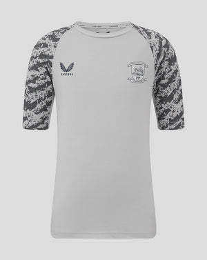 Front view of Preston North End junior training T shirt in light grey with camo sleeves and club crest on chest